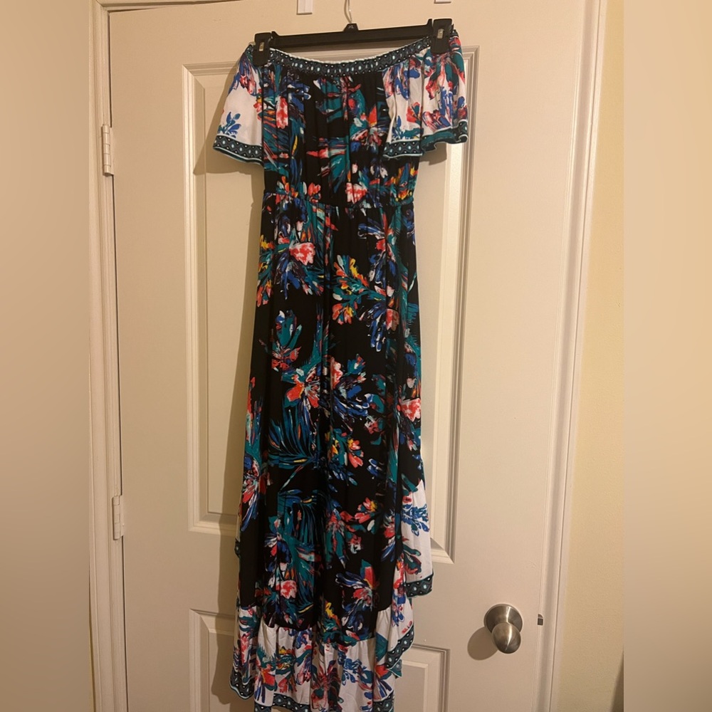 Flying Tomato .multi color bird high low dress. Size X-small